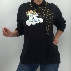 Vintage 80’s Christmas Trumpet Angels Stars Metallic Holiday Oversized Sweater